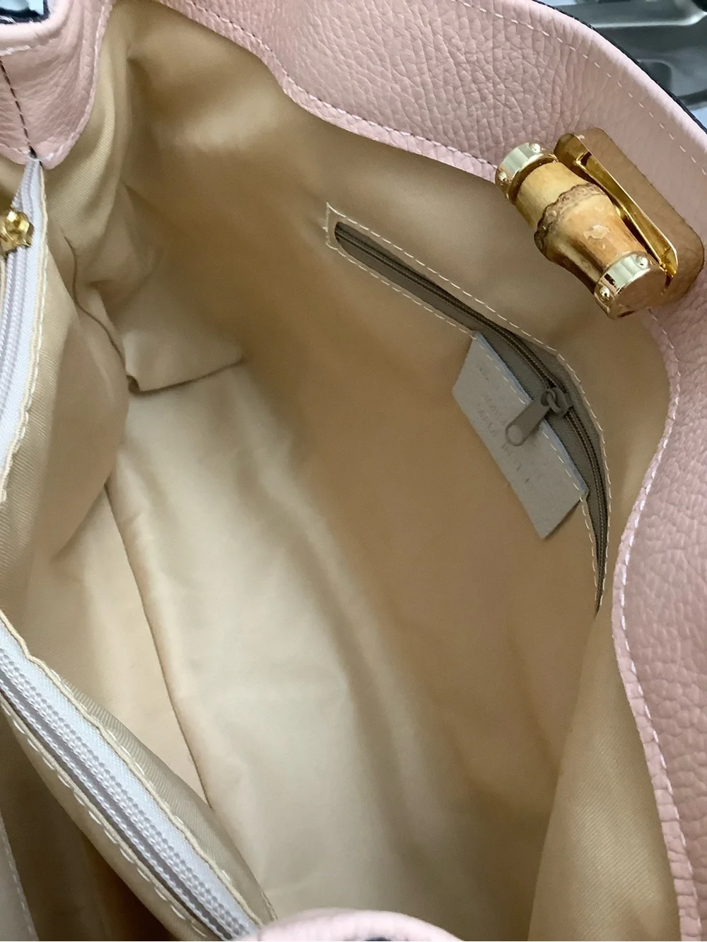 Bamboo-Handle Pink Genuine Leather Tote made in Italy